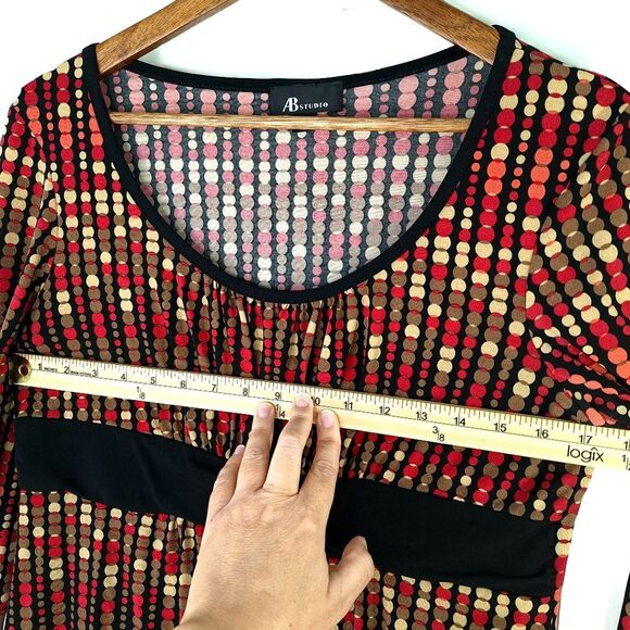AB Studio Red Gold Black Faux Belt Polkadot Circles Blouse Italian Mob Wife Sz L - Picture 8 of 11